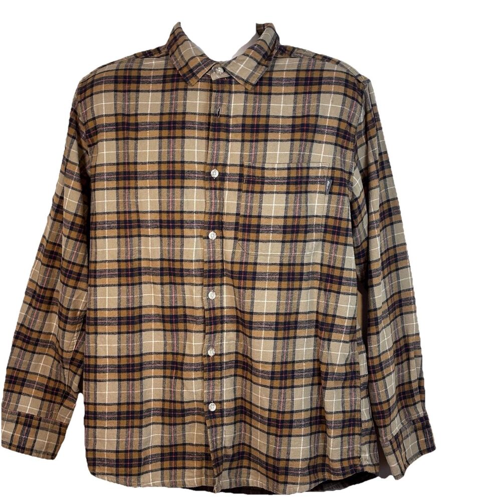 Eddie Bauer Button Up Shirt Men L Blue Brown Plaid Collared Long Sleeve Normcore